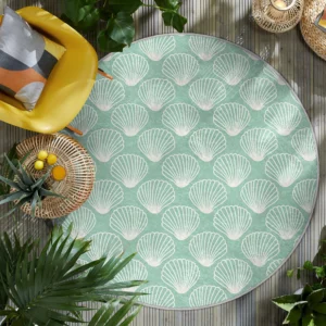 Aqua Blue Seashell Patterned Round Rug