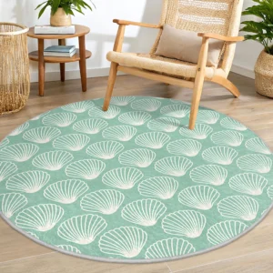 Aqua Blue Seashell Patterned Round Rug