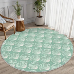Aqua Blue Seashell Patterned Round Rug