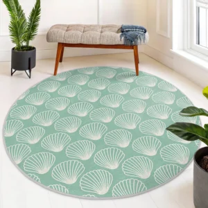 Aqua Blue Seashell Patterned Round Rug