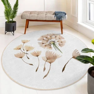 Beige Dandelion Floral Round Rug