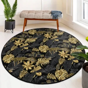 Black and Gold Palm Leaf Round Rug
