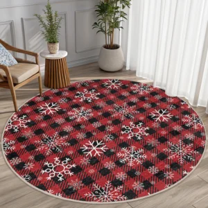Black and Red Plaid Snowflake Round Rug