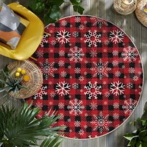 Black and Red Plaid Snowflake Round Rug