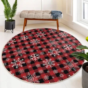 Black and Red Plaid Snowflake Round Rug