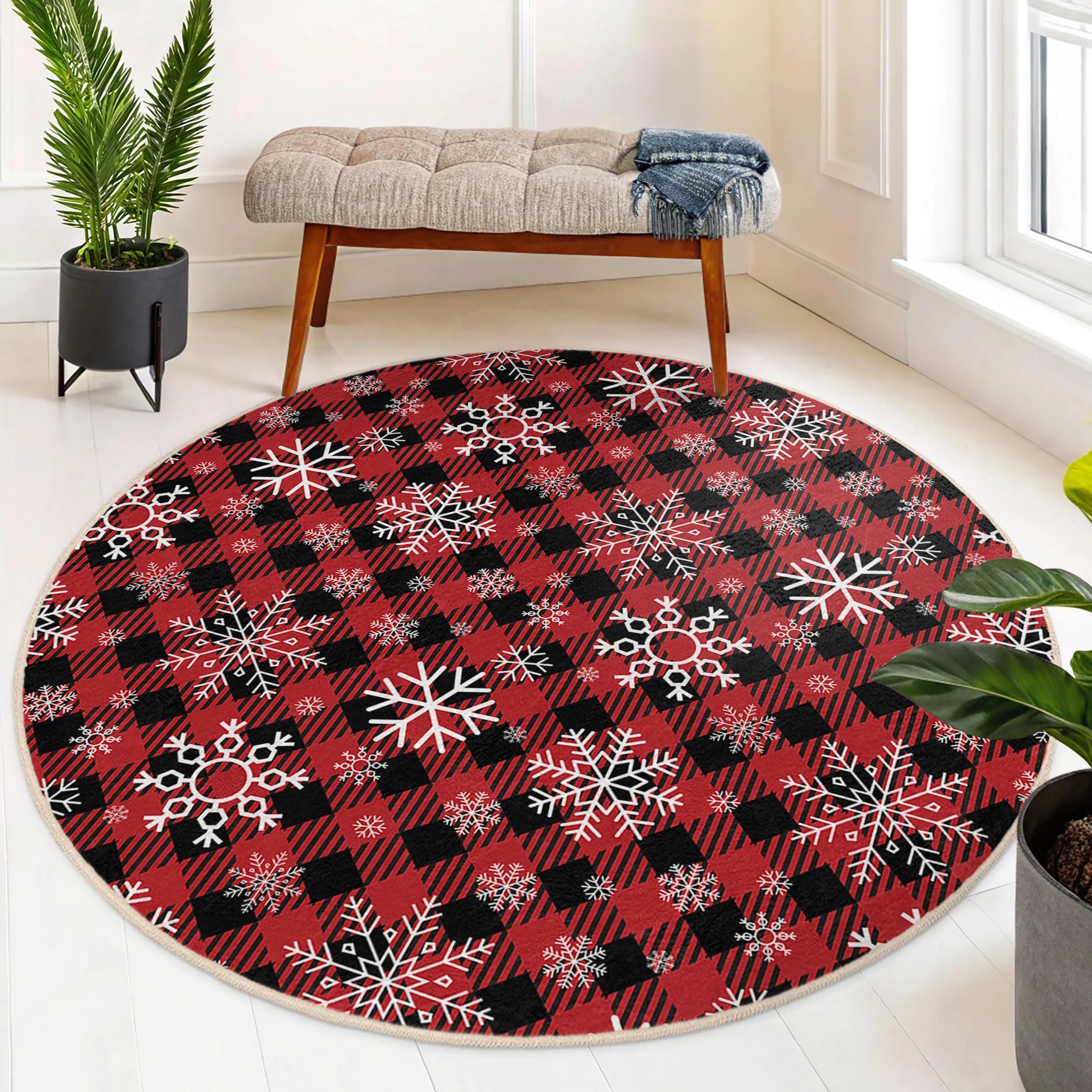 Black and Red Plaid Snowflake Round Rug Black and Red Plaid Snowflake Round Rug