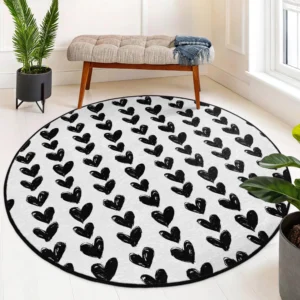 Black Heart Pattern on White Round Rug