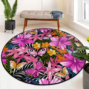 Colorful Butterfly Hibiscus Flower Round Rug