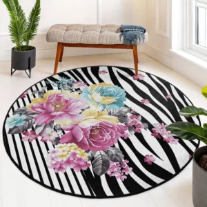 Colorful Floral Zebra Print Round Rug