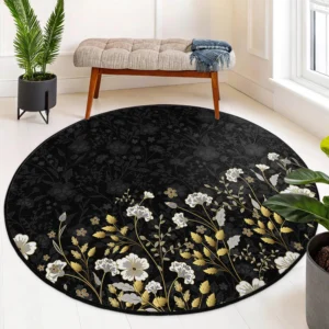Elegant Black and Gold Floral Accent Round Rug