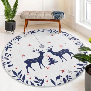 Holiday Reindeer Tree and Bauble Round Rug
