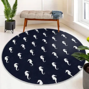 Navy Blue Seahorse Patterned Round Rug