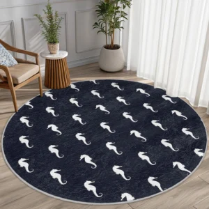 Navy Blue Seahorse Patterned Round Rug