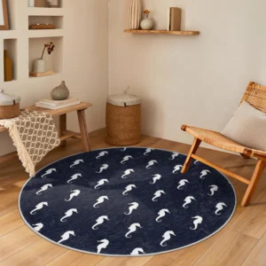Navy Blue Seahorse Patterned Round Rug