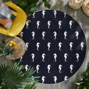 Navy Blue Seahorse Patterned Round Rug