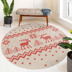 Reindeer Snowflake Beige Round Rug