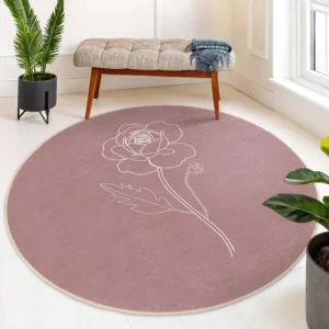 Simple Rose Outline Floral Pink Round Rug