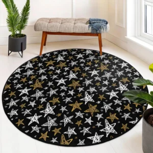 Sparkly Star Pattern Black Round Rug