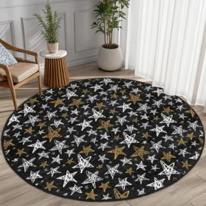 Sparkly Star Pattern Black Round Rug