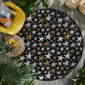 Sparkly Star Pattern Black Round Rug