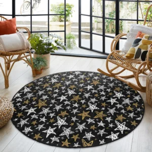 Sparkly Star Pattern Black Round Rug