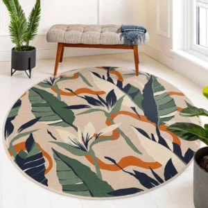 Tropical Leaf Green Orange White Round Rug