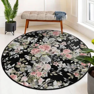 Vintage Floral Pattern Black Round Rug