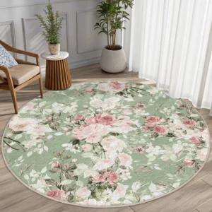 Vintage Rose Pattern Green Round Rug