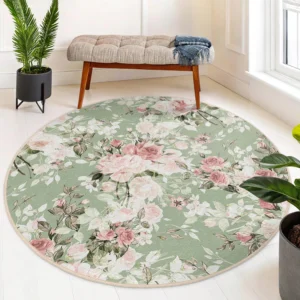 Vintage Rose Pattern Green Round Rug