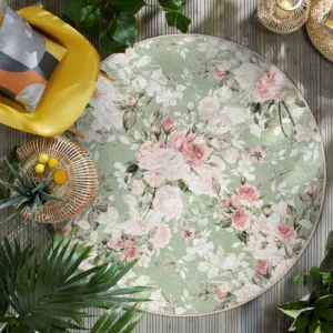 Vintage Rose Pattern Green Round Rug