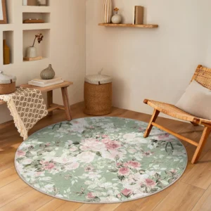 Vintage Rose Pattern Green Round Rug
