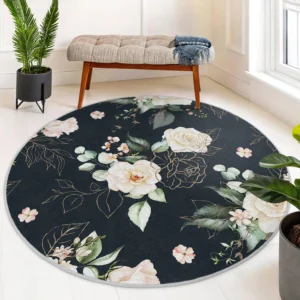 White Roses Navy Blue Floral Pattern Round Rug