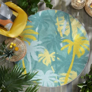 Yellow and Green Coastal Palm Round Rug
