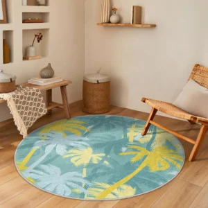 Yellow and Green Coastal Palm Round Rug