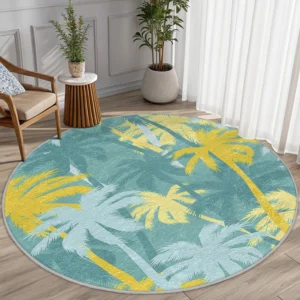 Yellow and Green Coastal Palm Round Rug