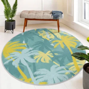 Yellow and Green Coastal Palm Round Rug